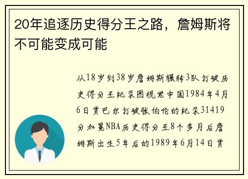 20年追逐历史得分王之路，詹姆斯将不可能变成可能