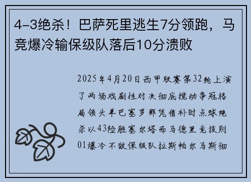 4-3绝杀！巴萨死里逃生7分领跑，马竞爆冷输保级队落后10分溃败